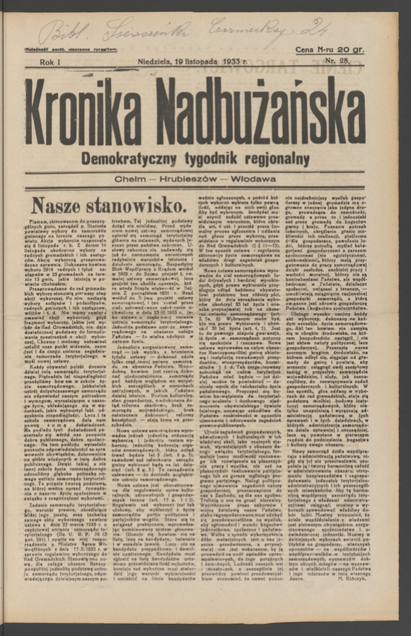 Kronika Nadbużańska : demokratyczny tygodnik regjonalny. Rok 1, 1933, numer 28