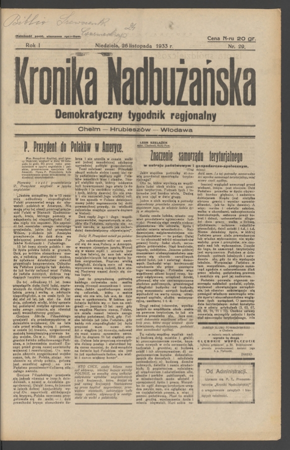 Kronika Nadbużańska : demokratyczny tygodnik regjonalny. Rok 1, 1933, numer 29
