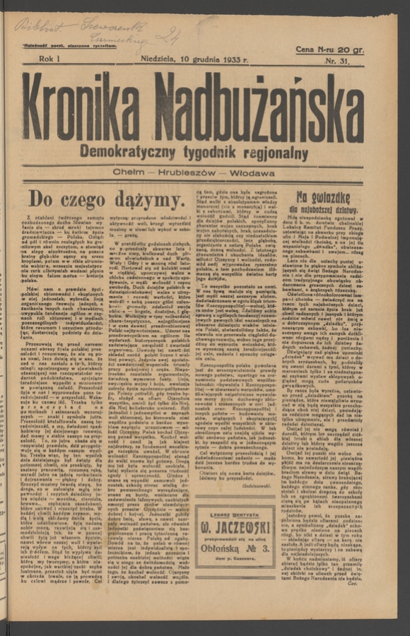 Kronika Nadbużańska : demokratyczny tygodnik regjonalny. Rok 1, 1933, numer 31
