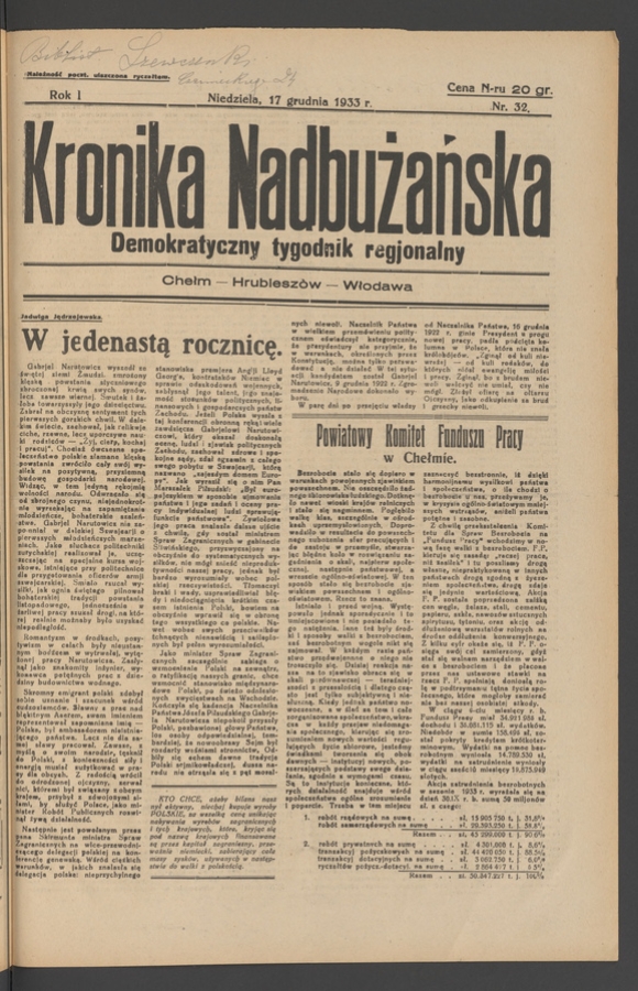 Kronika Nadbużańska : demokratyczny tygodnik regjonalny. Rok 1, 1933, numer 32