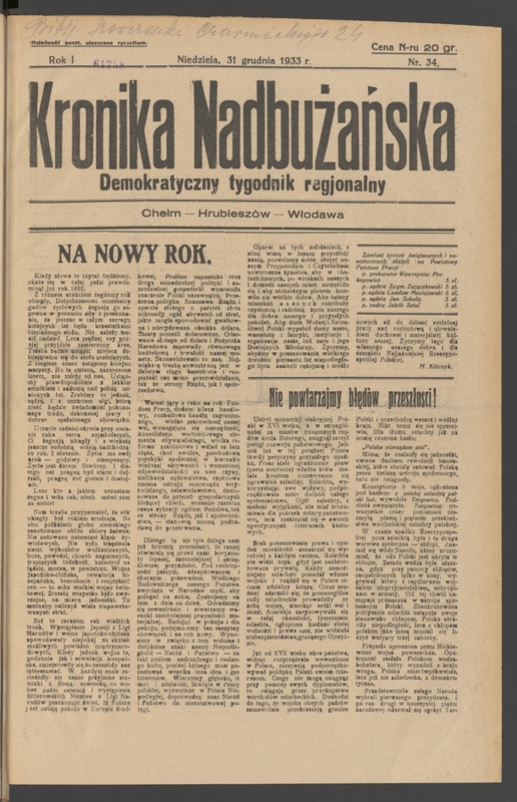 Kronika Nadbużańska : demokratyczny tygodnik regjonalny. Rok 1, 1933, numer 34