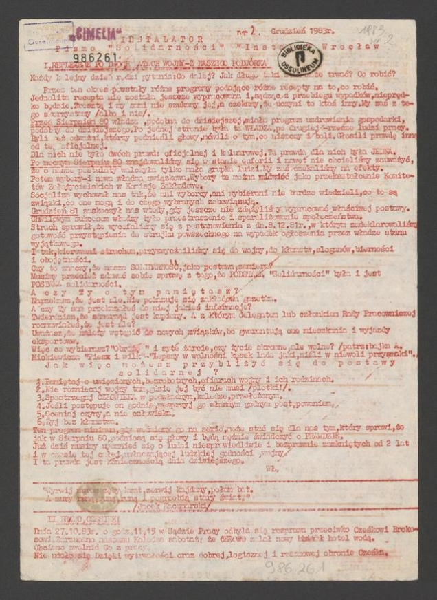 Instalator : pismo „Solidarności” Instalu Wrocław. 1983, numer 2