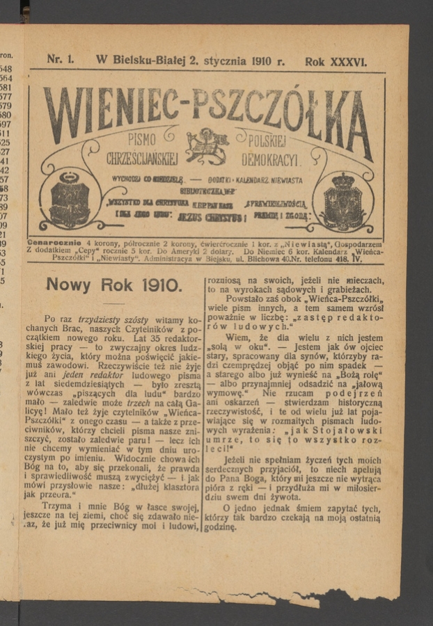 Wieniec-Pszczółka : pismo polskiej chrześcijańskiej demokracyi. Rok 36, 1910, numer 1