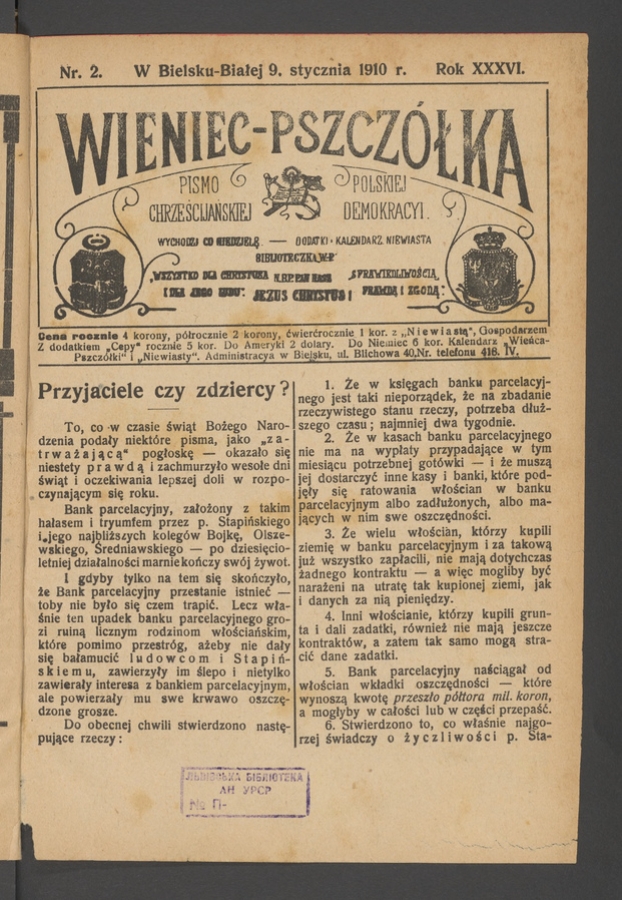 Wieniec-Pszczółka : pismo polskiej chrześcijańskiej demokracyi. Rok 36, 1910, numer 2