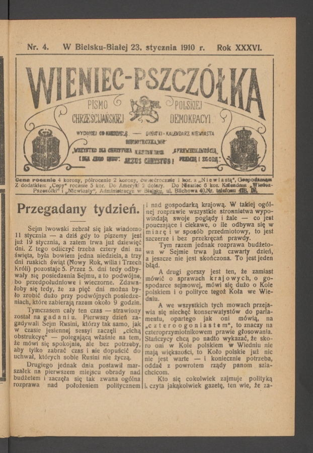 Wieniec-Pszczółka : pismo polskiej chrześcijańskiej demokracyi. Rok 36, 1910, numer 4