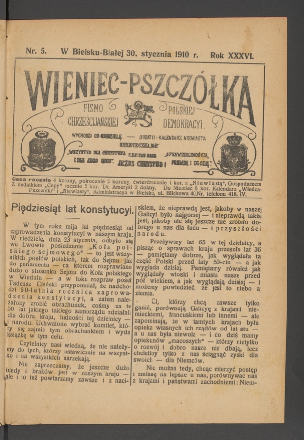 Wieniec-Pszczółka : pismo polskiej chrześcijańskiej demokracyi. Rok 36, 1910, numer 5