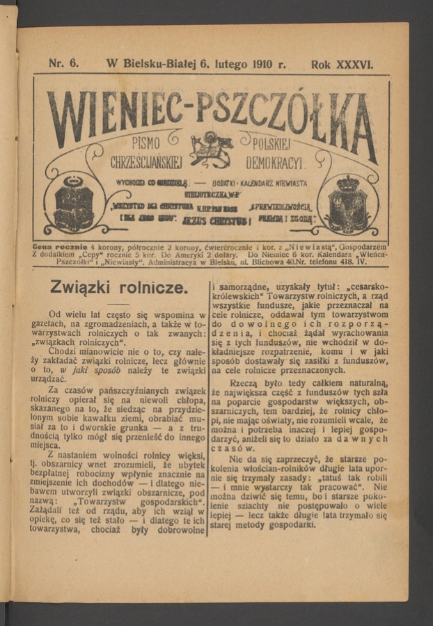 Wieniec-Pszczółka : pismo polskiej chrześcijańskiej demokracyi. Rok 36, 1910, numer 6