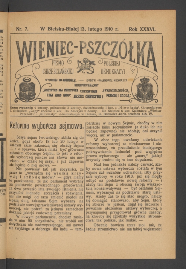 Wieniec-Pszczółka : pismo polskiej chrześcijańskiej demokracyi. Rok 36, 1910, numer 7
