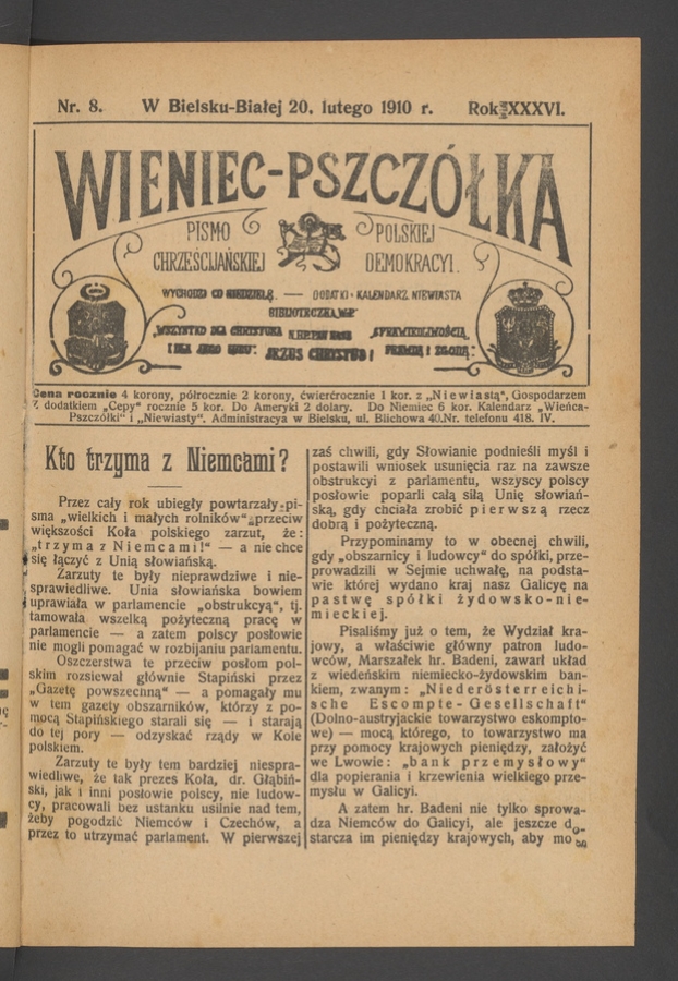 Wieniec-Pszczółka : pismo polskiej chrześcijańskiej demokracyi. Rok 36, 1910, numer 8