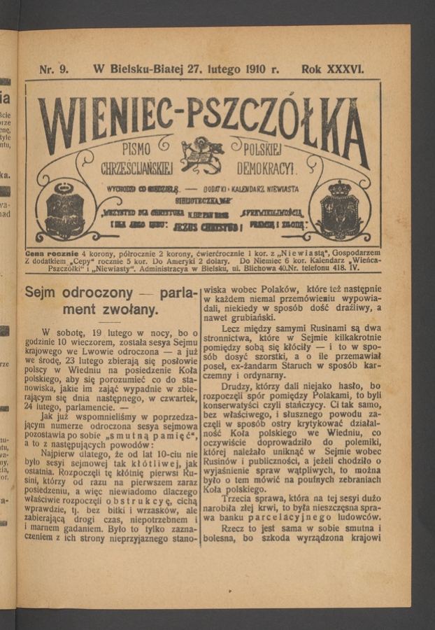 Wieniec-Pszczółka : pismo polskiej chrześcijańskiej demokracyi. Rok 36, 1910, numer 9
