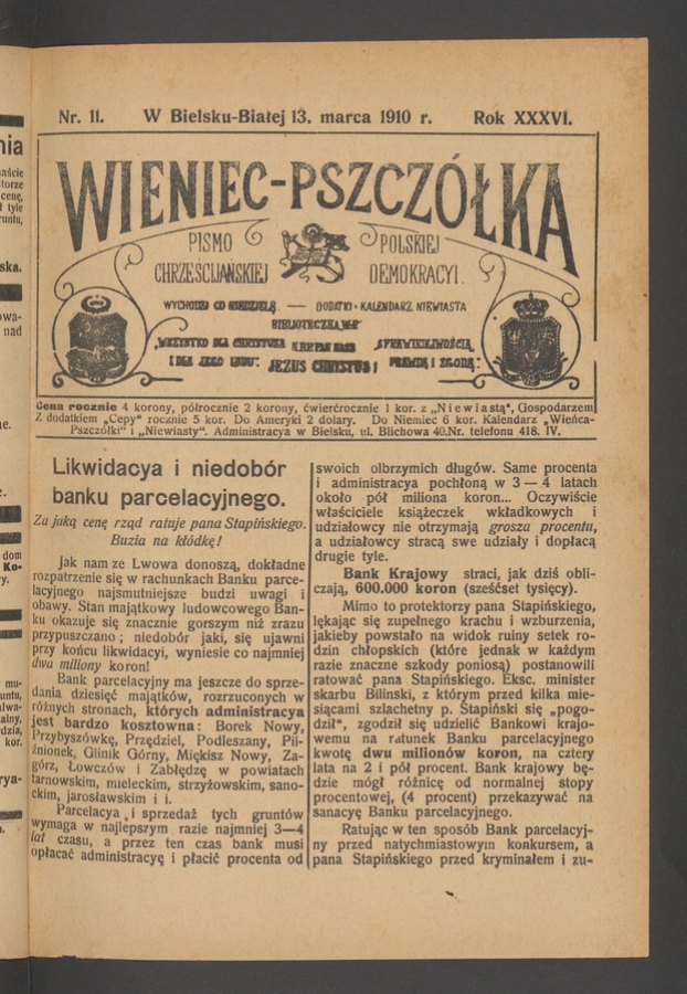 Wieniec-Pszczółka : pismo polskiej chrześcijańskiej demokracyi. Rok 36, 1910, numer 11