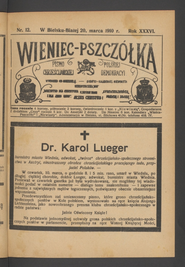 Wieniec-Pszczółka : pismo polskiej chrześcijańskiej demokracyi. Rok 36, 1910, numer 12