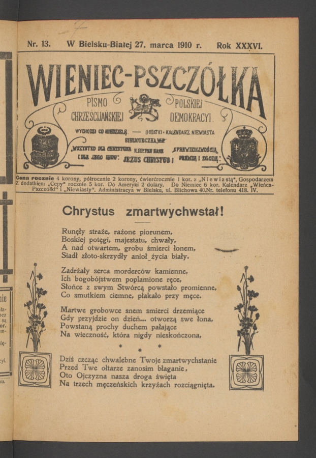 Wieniec-Pszczółka : pismo polskiej chrześcijańskiej demokracyi. Rok 36, 1910, numer 13
