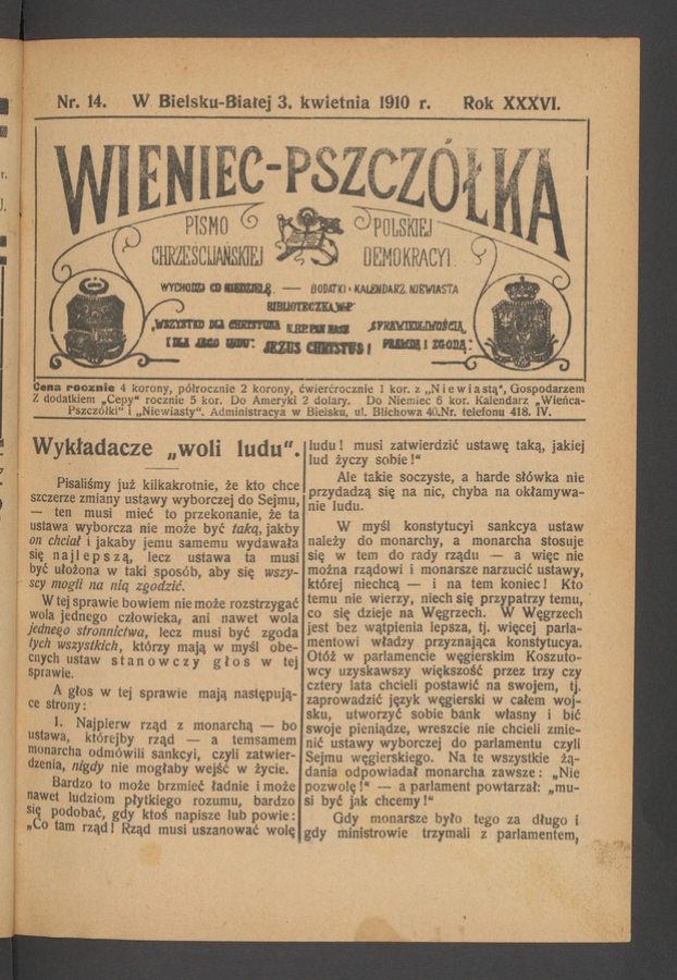 Wieniec-Pszczółka : pismo polskiej chrześcijańskiej demokracyi. Rok 36, 1910, numer 14