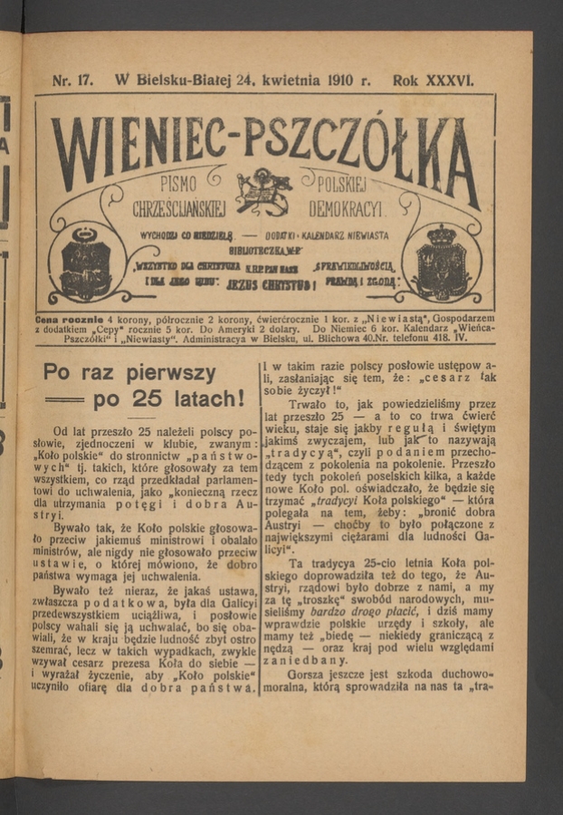 Wieniec-Pszczółka : pismo polskiej chrześcijańskiej demokracyi. Rok 36, 1910, numer 17