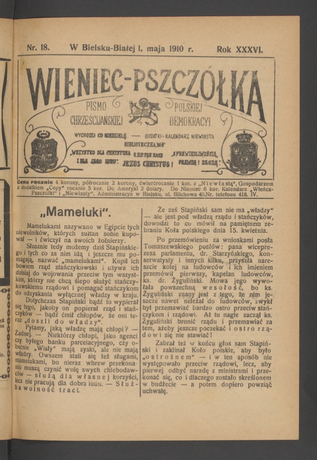 Wieniec-Pszczółka : pismo polskiej chrześcijańskiej demokracyi. Rok 36, 1910, numer 18