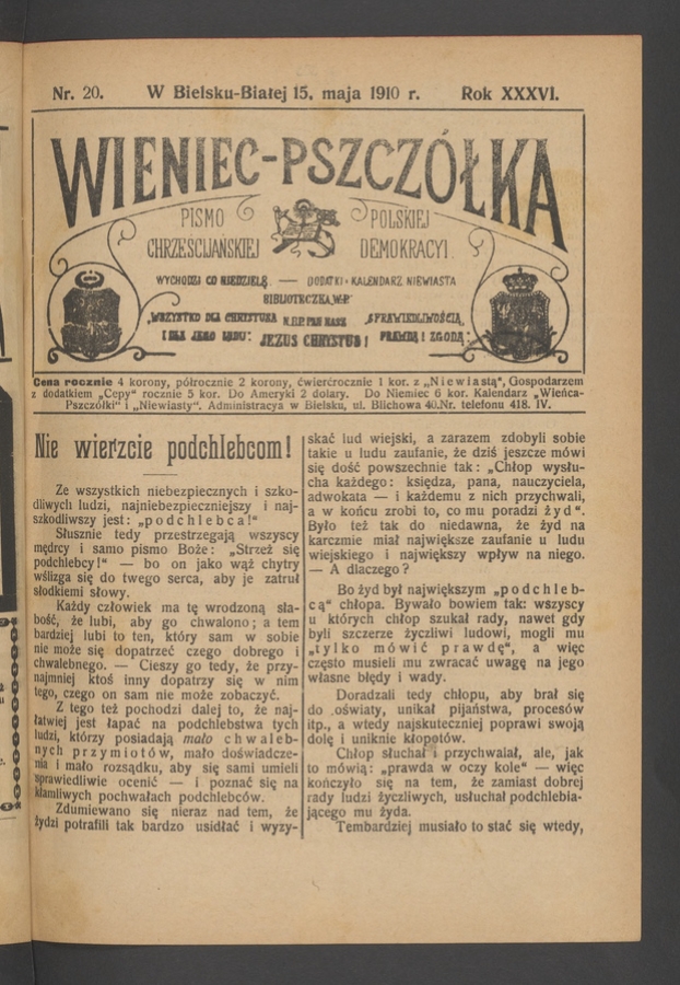 Wieniec-Pszczółka : pismo polskiej chrześcijańskiej demokracyi. Rok 36, 1910, numer 20