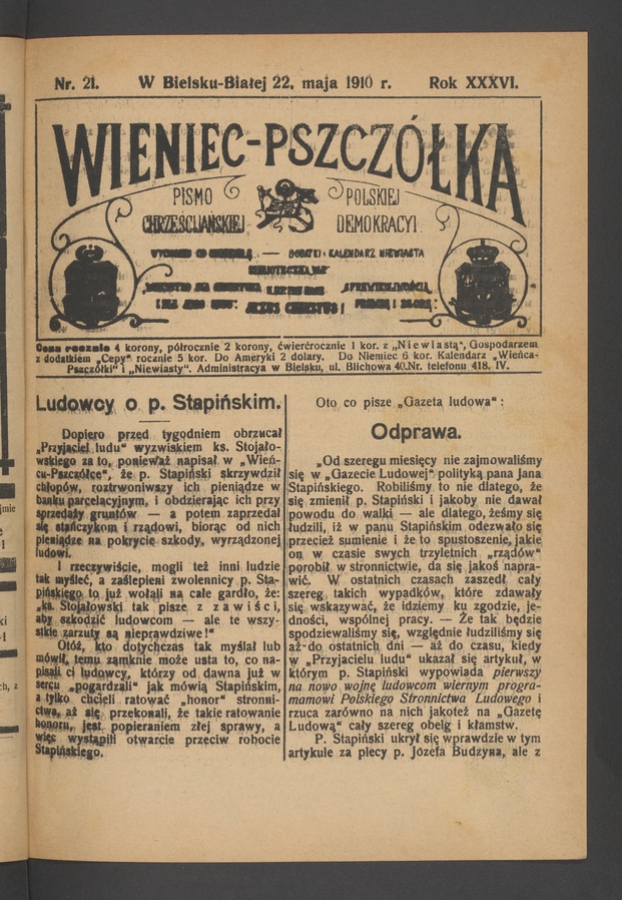 Wieniec-Pszczółka : pismo polskiej chrześcijańskiej demokracyi. Rok 36, 1910, numer 21
