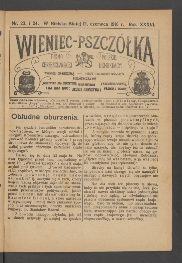 Wieniec-Pszczółka : pismo polskiej chrześcijańskiej demokracyi. Rok 36, 1910, numer 23-24