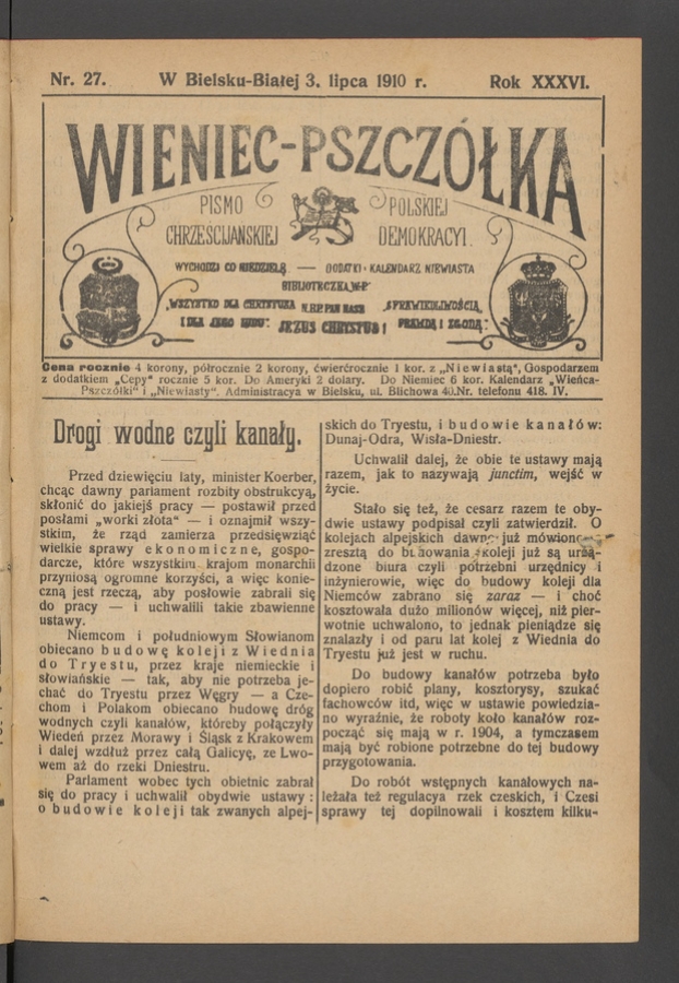 Wieniec-Pszczółka : pismo polskiej chrześcijańskiej demokracyi. Rok 36, 1910, numer 27