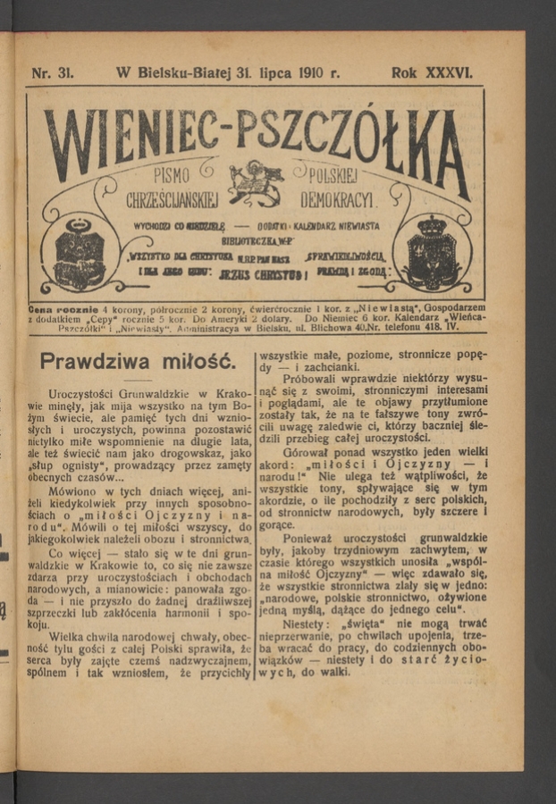 Wieniec-Pszczółka : pismo polskiej chrześcijańskiej demokracyi. Rok 36, 1910, numer 31