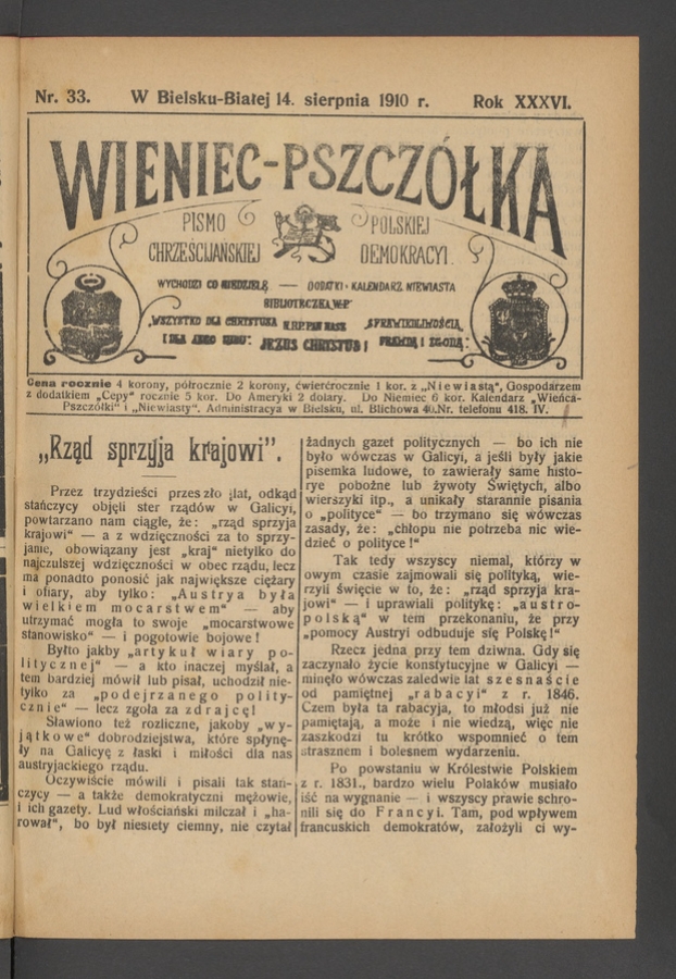 Wieniec-Pszczółka : pismo polskiej chrześcijańskiej demokracyi. Rok 36, 1910, numer 33