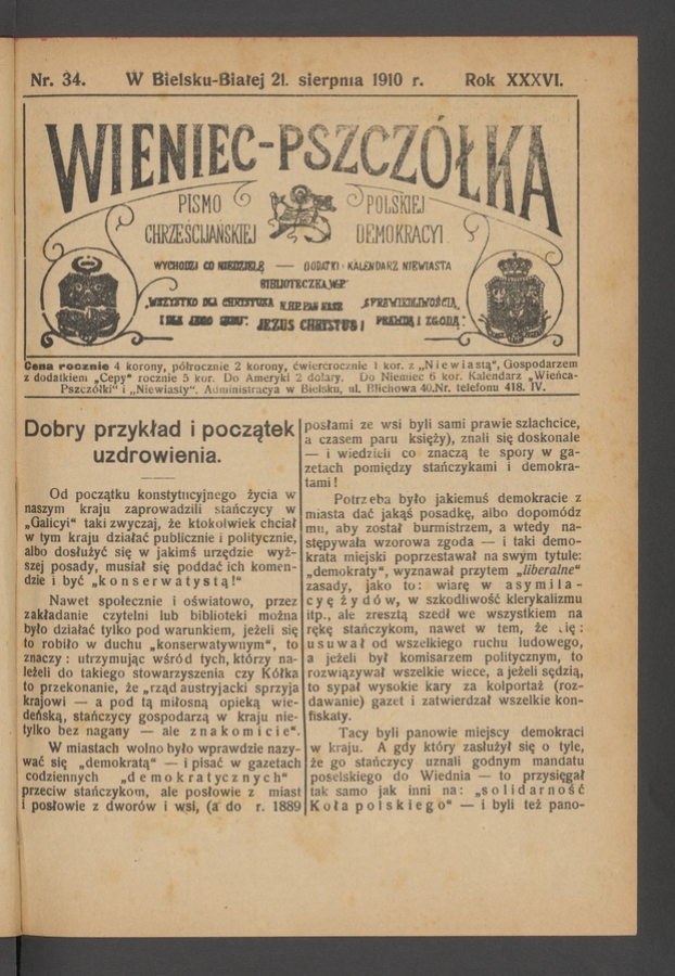 Wieniec-Pszczółka : pismo polskiej chrześcijańskiej demokracyi. Rok 36, 1910, numer 34