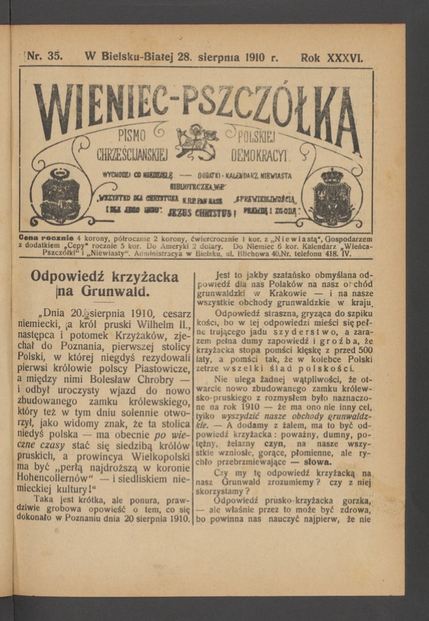 Wieniec-Pszczółka : pismo polskiej chrześcijańskiej demokracyi. Rok 36, 1910, numer 35