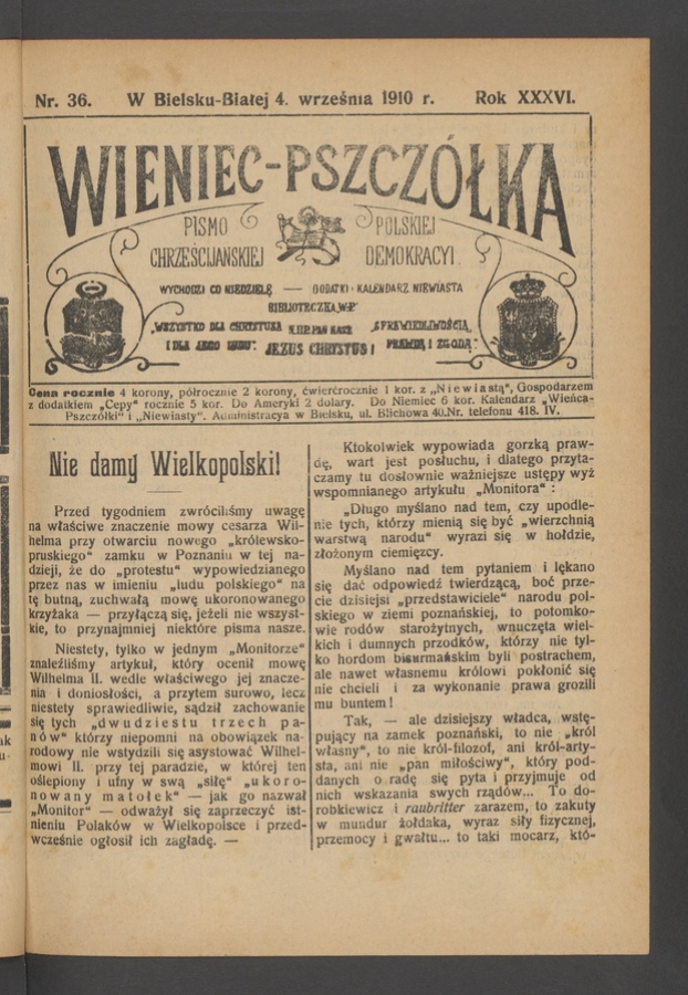 Wieniec-Pszczółka : pismo polskiej chrześcijańskiej demokracyi. Rok 36, 1910, numer 36