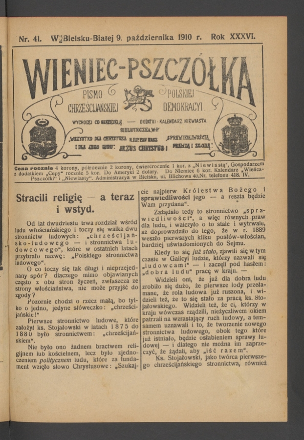 Wieniec-Pszczółka : pismo polskiej chrześcijańskiej demokracyi. Rok 36, 1910, numer 41