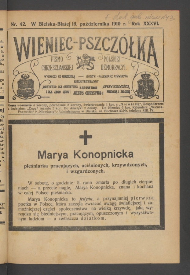Wieniec-Pszczółka : pismo polskiej chrześcijańskiej demokracyi. Rok 36, 1910, numer 42