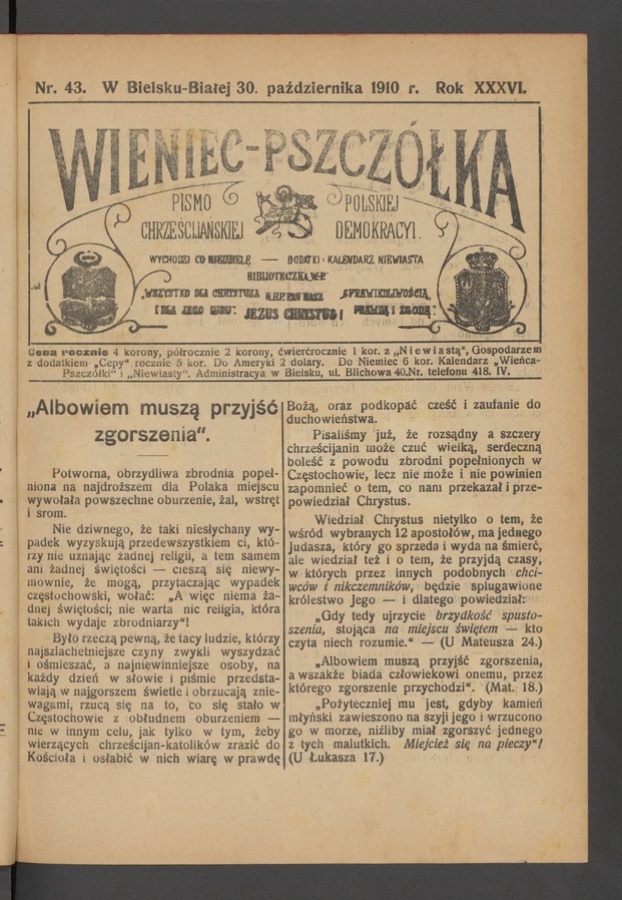 Wieniec-Pszczółka : pismo polskiej chrześcijańskiej demokracyi. Rok 36, 1910, numer 43