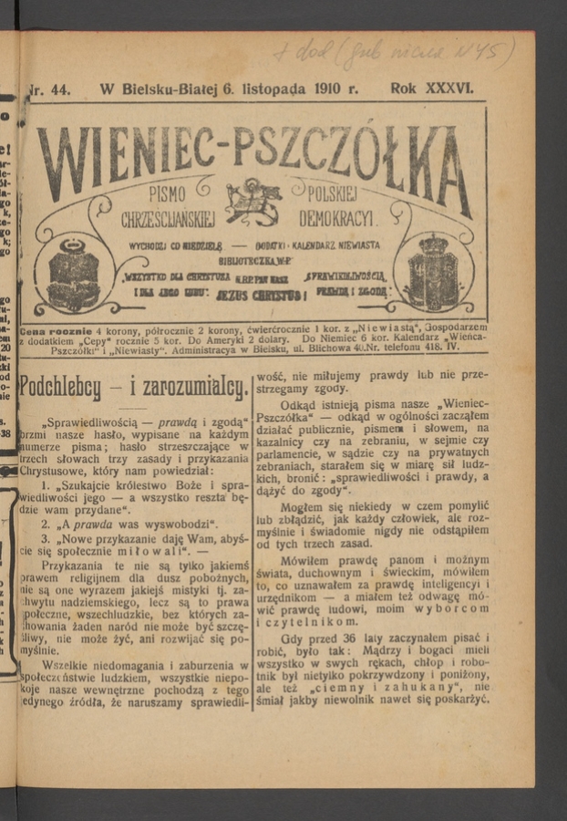 Wieniec-Pszczółka : pismo polskiej chrześcijańskiej demokracyi. Rok 36, 1910, numer 44