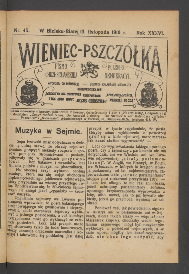 Wieniec-Pszczółka : pismo polskiej chrześcijańskiej demokracyi. Rok 36, 1910, numer 45
