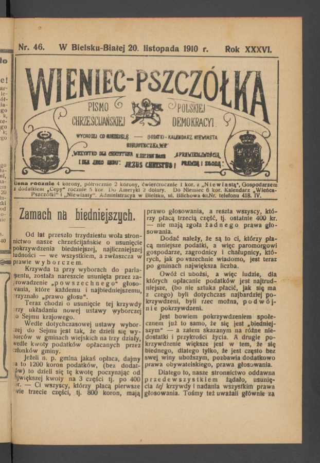 Wieniec-Pszczółka : pismo polskiej chrześcijańskiej demokracyi. Rok 36, 1910, numer 46