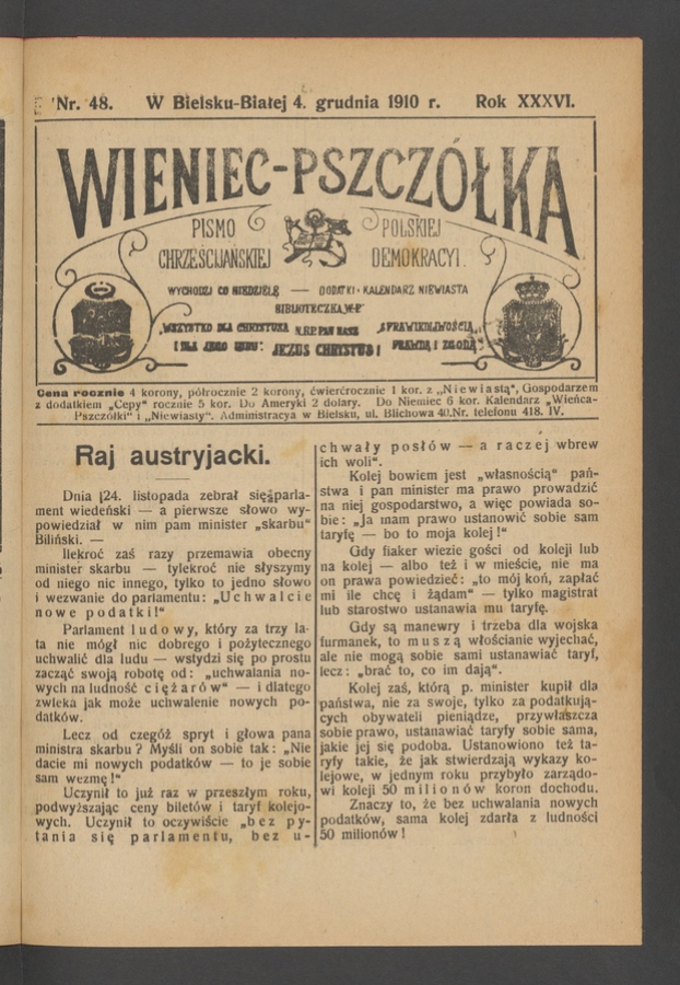 Wieniec-Pszczółka : pismo polskiej chrześcijańskiej demokracyi. Rok 36, 1910, numer 48