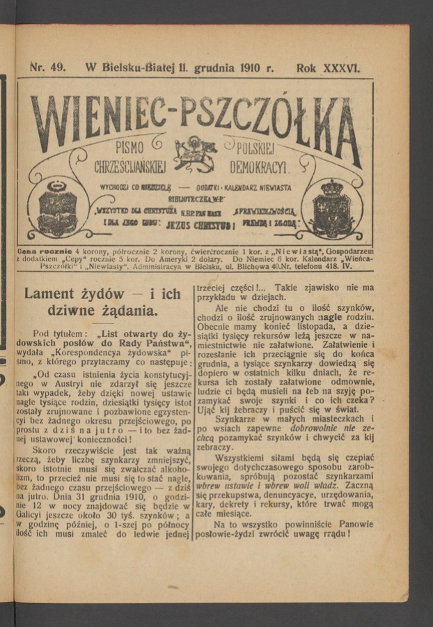 Wieniec-Pszczółka : pismo polskiej chrześcijańskiej demokracyi. Rok 36, 1910, numer 49