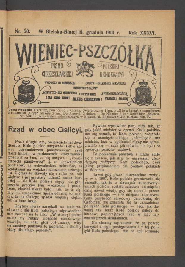 Wieniec-Pszczółka : pismo polskiej chrześcijańskiej demokracyi. Rok 36, 1910, numer 50