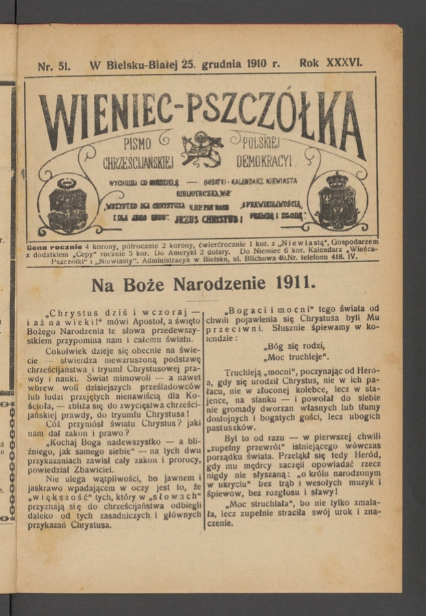 Wieniec-Pszczółka : pismo polskiej chrześcijańskiej demokracyi. Rok 36, 1910, numer 51