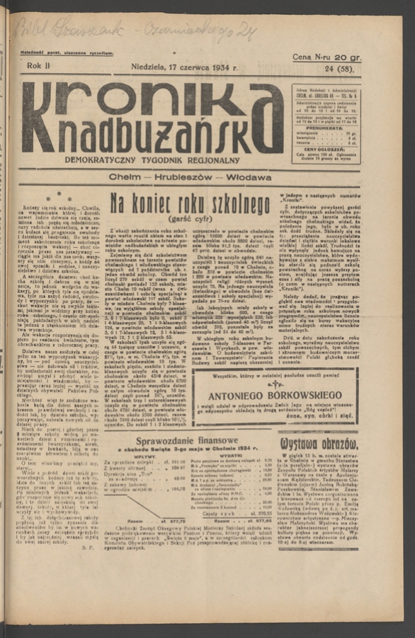 Kronika Nadbużańska&nbsp;: demokratyczny tygodnik regjonalny. Rok&nbsp;2, 1934, numer&nbsp;24