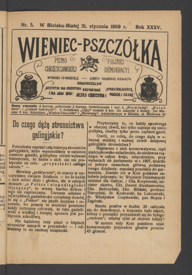 Wieniec-Pszcz&oacute;łka&nbsp;: pismo polskiej chrześcijańskiej demokracyi. Rok&nbsp;35, 1909, numer&nbsp;5