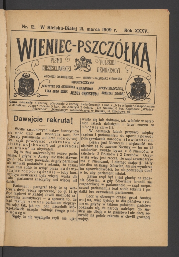 Wieniec-Pszczółka : pismo polskiej chrześcijańskiej demokracyi. Rok 35, 1909, numer 12