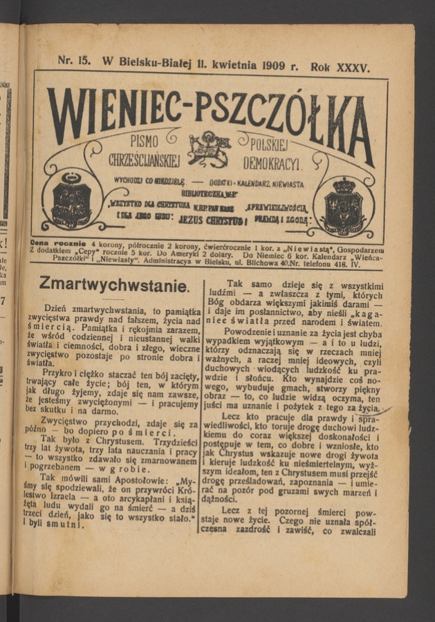 Wieniec-Pszczółka : pismo polskiej chrześcijańskiej demokracyi. Rok 35, 1909, numer 15
