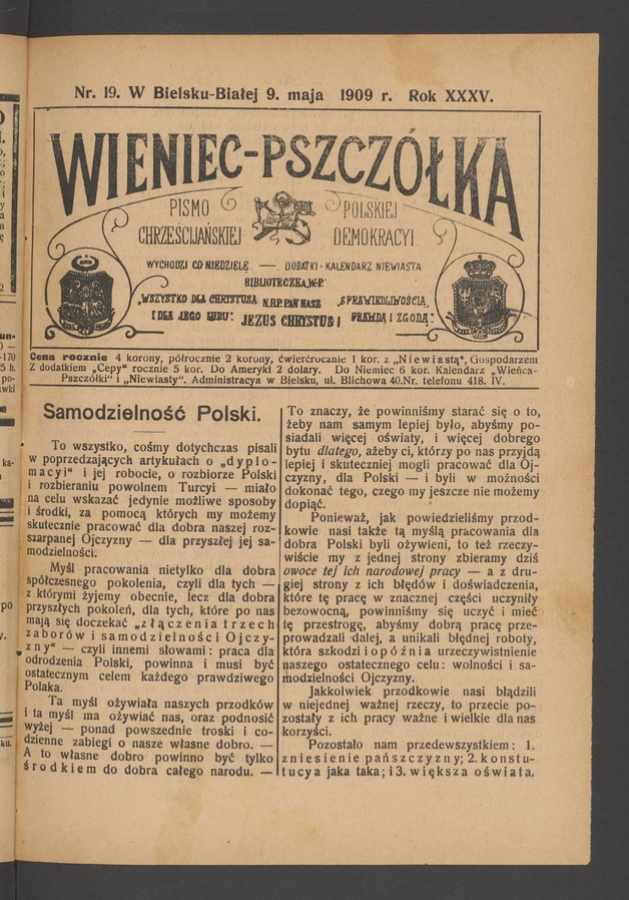 Wieniec-Pszczółka : pismo polskiej chrześcijańskiej demokracyi. Rok 35, 1909, numer 19