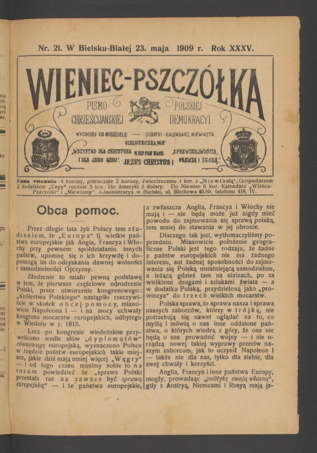 Wieniec-Pszczółka : pismo polskiej chrześcijańskiej demokracyi. Rok 35, 1909, numer 21