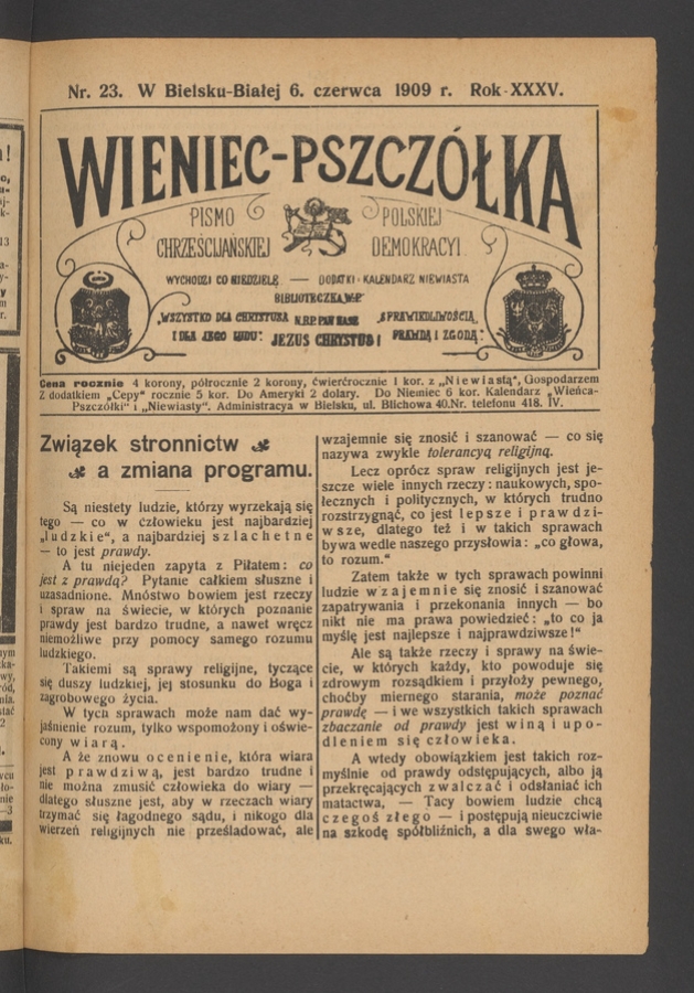 Wieniec-Pszczółka : pismo polskiej chrześcijańskiej demokracyi. Rok 35, 1909, numer 23