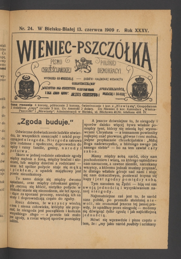 Wieniec-Pszczółka : pismo polskiej chrześcijańskiej demokracyi. Rok 35, 1909, numer 24