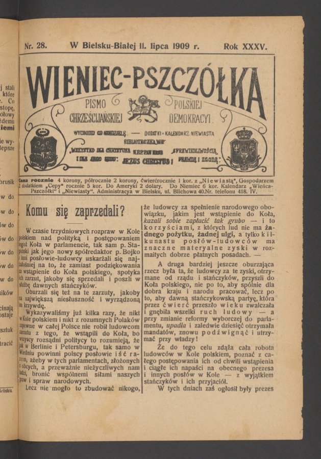 Wieniec-Pszczółka : pismo polskiej chrześcijańskiej demokracyi. Rok 35, 1909, numer 28