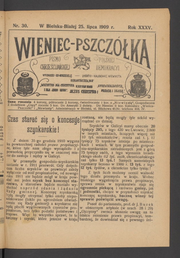 Wieniec-Pszczółka : pismo polskiej chrześcijańskiej demokracyi. Rok 35, 1909, numer 30