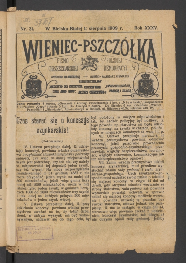 Wieniec-Pszczółka : pismo polskiej chrześcijańskiej demokracyi. Rok 35, 1909, numer 31